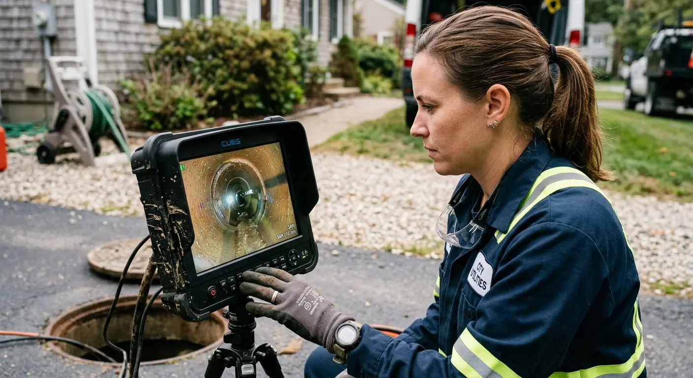 Technician reviewing sewer camera inspection footage in Cascades