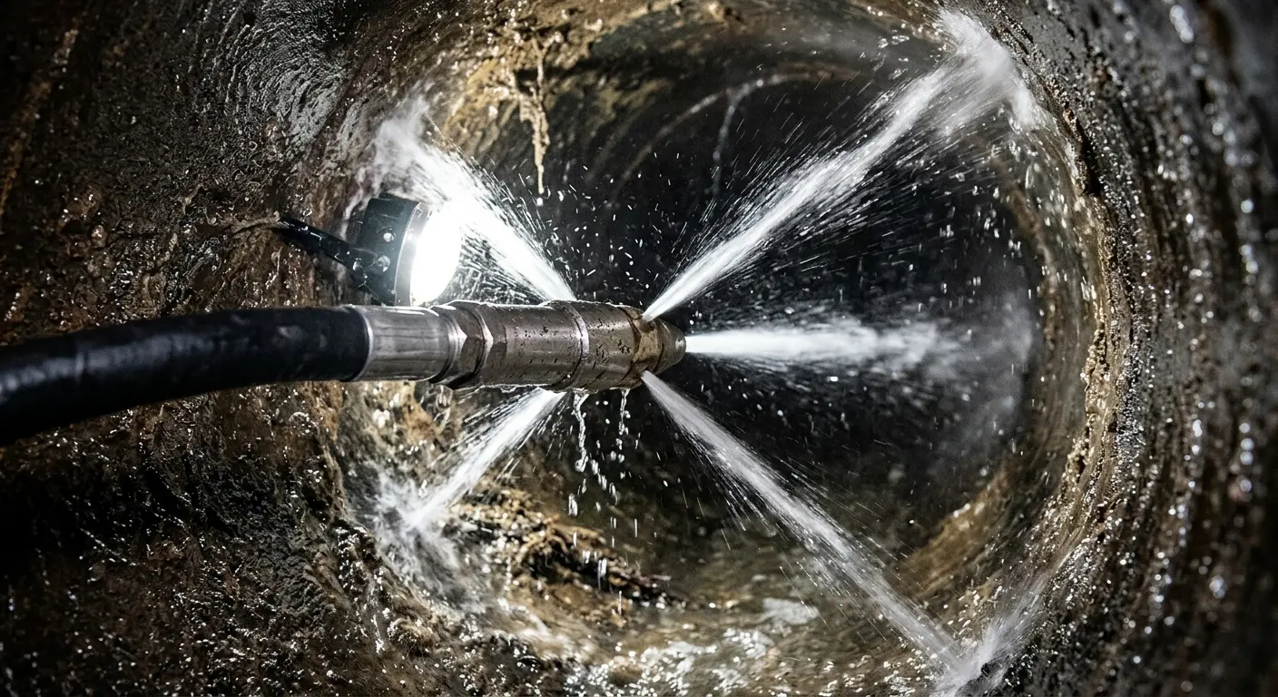 High-pressure hydro jetting nozzle cleaning sewer pipe for Trenchless Sewer Repair in Cascades