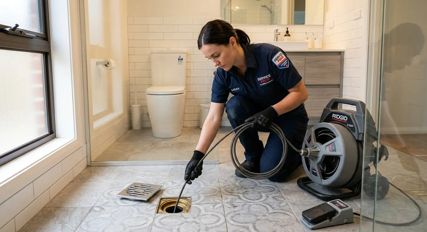 Technician clearing a bathroom floor drain for Hydro Jetting in Cascades